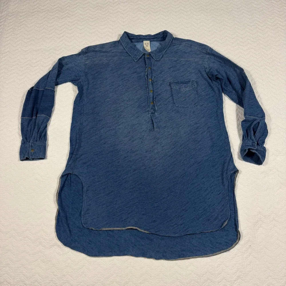 We The Free Women Love This Henley Tunic Top XS‎ Oversized Raw Edge Blue EUC